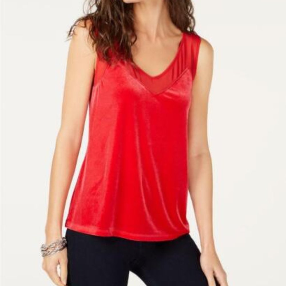 INC, international concepts, velvet, illusion, V-neck tank top, red size medium